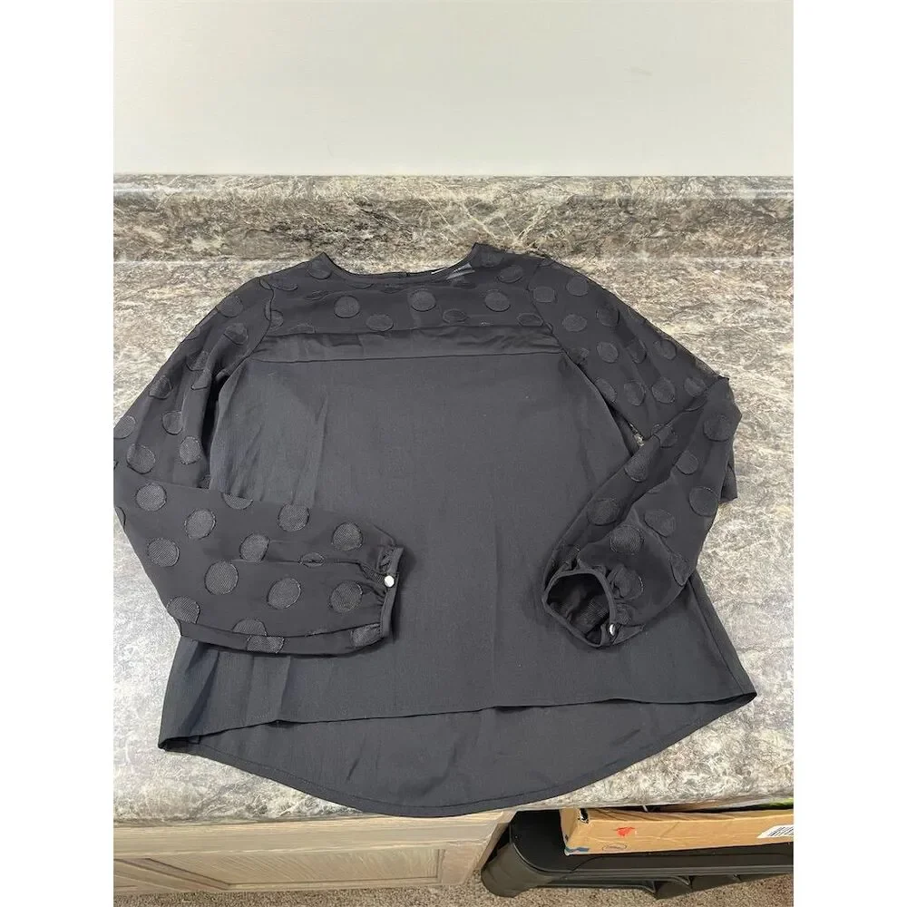 Calvin Klein Women's XSP Black Polka Dot Chiffon Blouse Long Sleeve (sku249)
